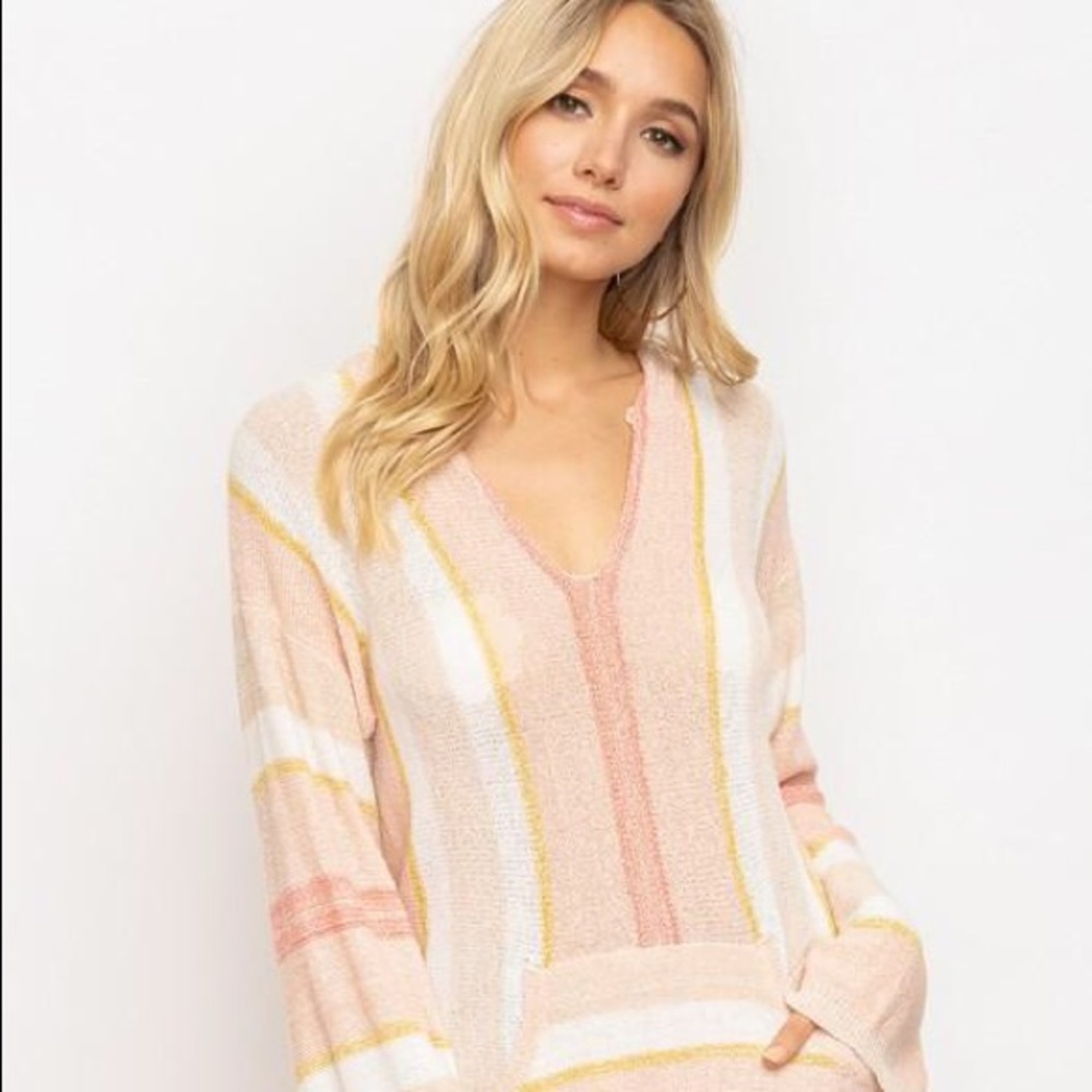 Hem & Thread Boho Pink Multi Stripe Open Knit Baja Pullover Cozy Sweater